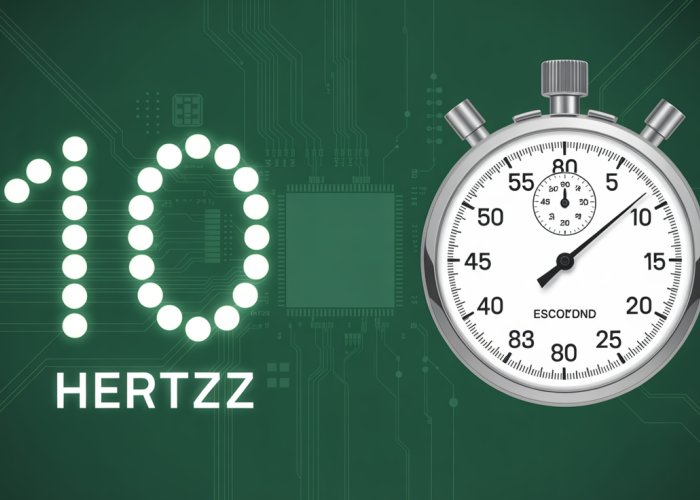 Visual representation of 10 Hertz frequency blinking lights with a stopwatch showing the corresponding time in seconds.
