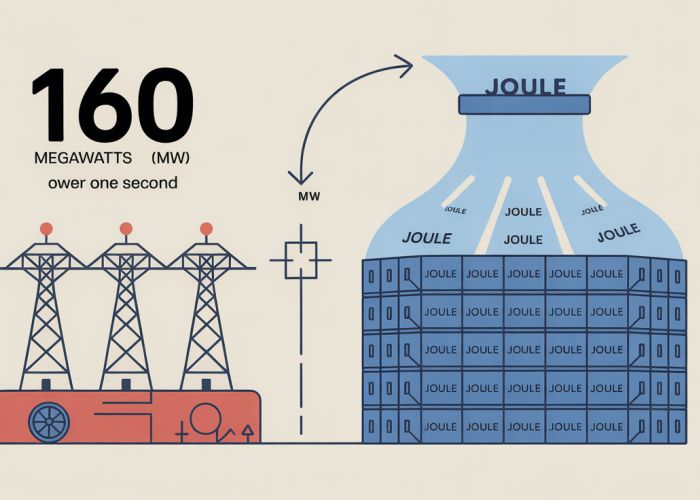 Infographic showing 160 MW converted to 160 million Joules. A power plant illustration feeds energy into a large container labelled 'Joules'.