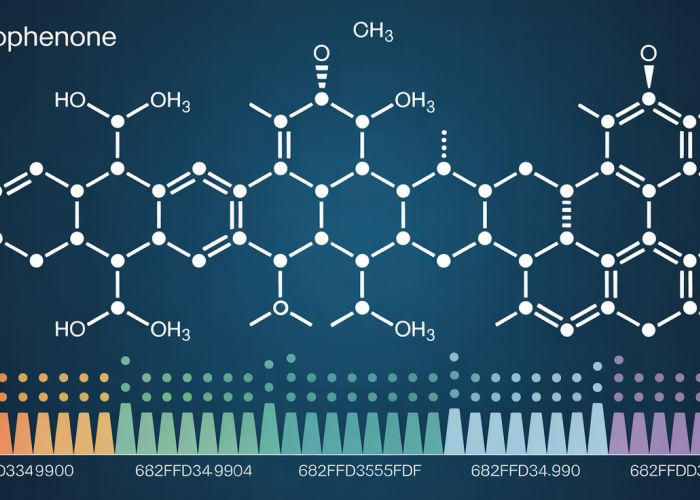 Infrared Spectrum of Acetophenone with labeled peaks representing key functional groups (carbonyl, aromatic ring).