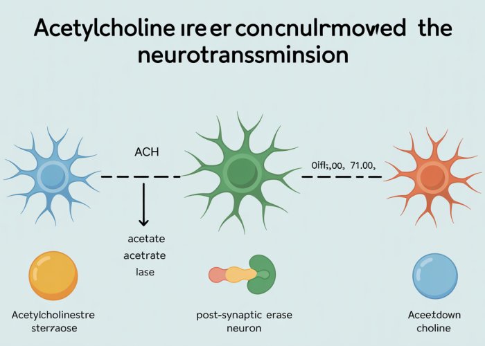 Infographic showing how acetylcholine (ACh) is removed from the synaptic cleft via acetylcholinesterase enzyme breakdown and diffusion.