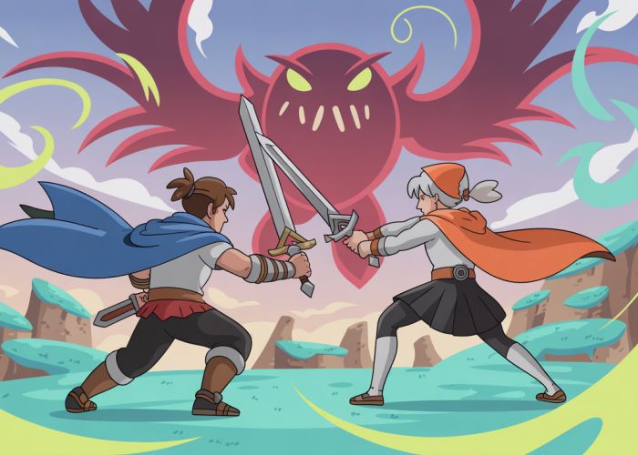 Action-packed game scene illustration in ACG style featuring a swordsman, mage, and monster.