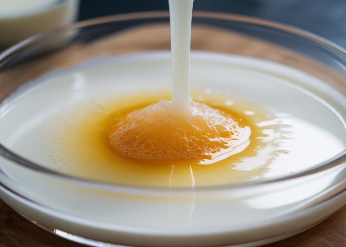 Milk curdling due to the presence of acid, showing separation of whey and solids.