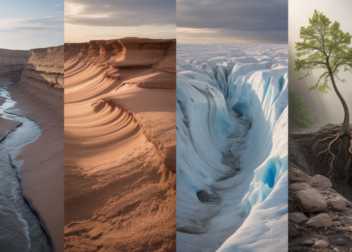 Images showcasing the various agents of geological erosion: a river canyon, sand dunes, a glacial valley, and tree roots breaking rock.