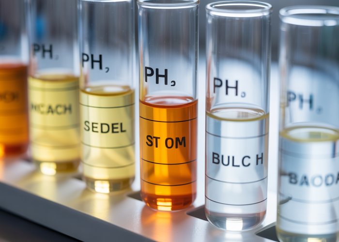Test tubes showing amylase activity at different pH levels. One tube shows clear starch digestion, indicating the optimal pH for amylase.