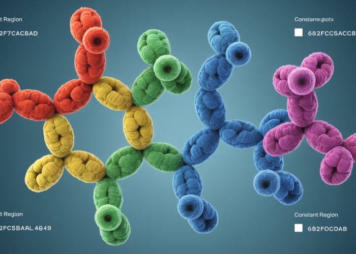 Antibody structure diagram with the constant region highlighted in blue, interacting with an antigen.