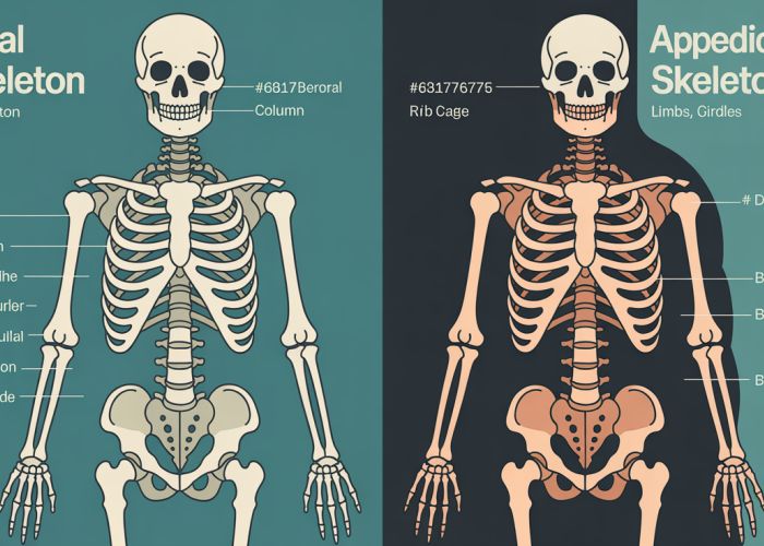 Diagram comparing the axial skeleton (skull, spine, ribs) and the appendicular skeleton (limbs, shoulders, hips).