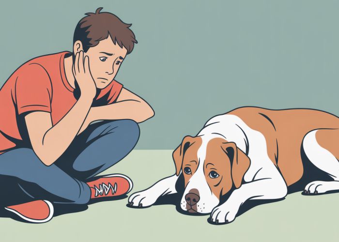 Concerned dog owner looking at their lethargic dog, possibly experiencing symptoms of beta sitosterol toxicity.