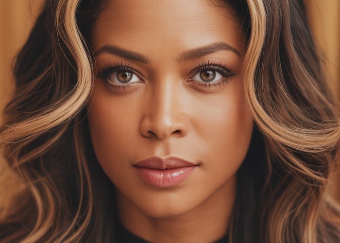 Close-up portrait of singer Blu Cantrell, highlighting her expressive brown eyes.