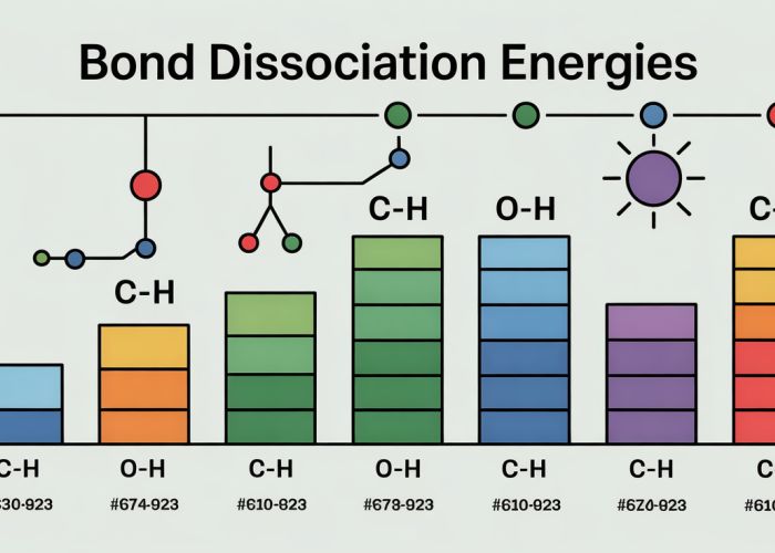 Infographic showing a table of bond dissociation energies for common chemical bonds, including C-H, O-H, and C-C bonds. The infographic uses visual cues like bar graphs or color-coding to represent energy values.