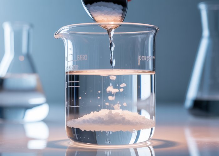 Calcium chloride crystals dissolving in water, illustrating the solubility of calcium chloride.