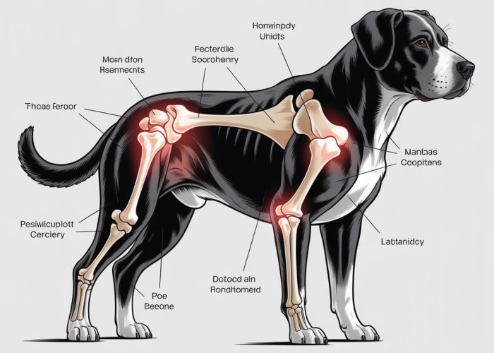 Anatomical illustration of a canine shoulder joint, labeled with key structures like the scapula, humerus, and associated ligaments and muscles.