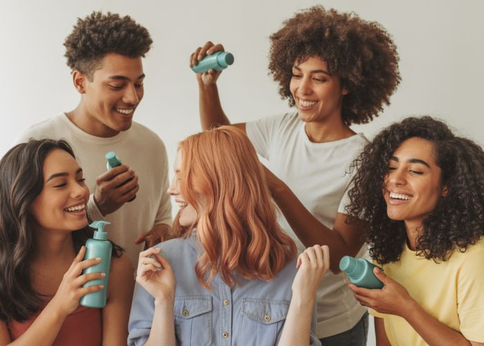 Diverse group of people smiling and showing off their healthy hair, achieved with CAPB-free hair products.