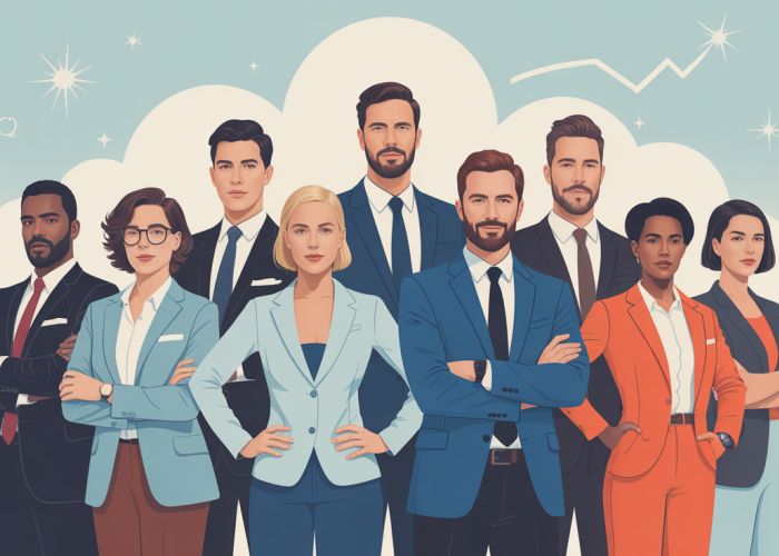 Diverse group of CEOs and business leaders at a conference, representing the captains of industry.