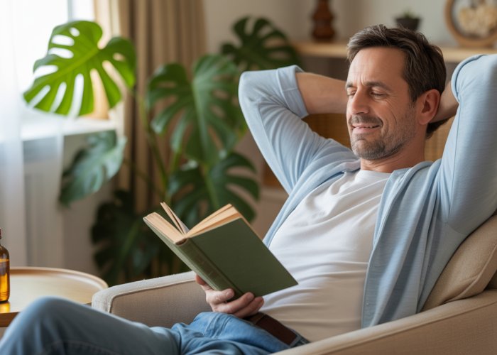 Man relaxing at home with castor oil, exploring natural prostate health remedies.
