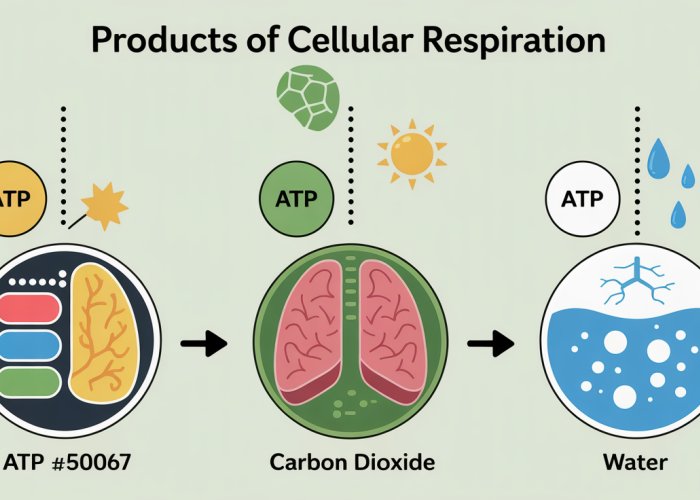 Infographic illustrating the products of cellular respiration: ATP, carbon dioxide, and water.