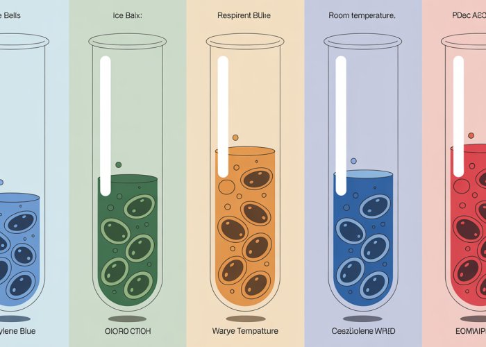 Test tubes showing different levels of cellular respiration in yeast cells at varying temperatures. Color change indicates respiration rate.