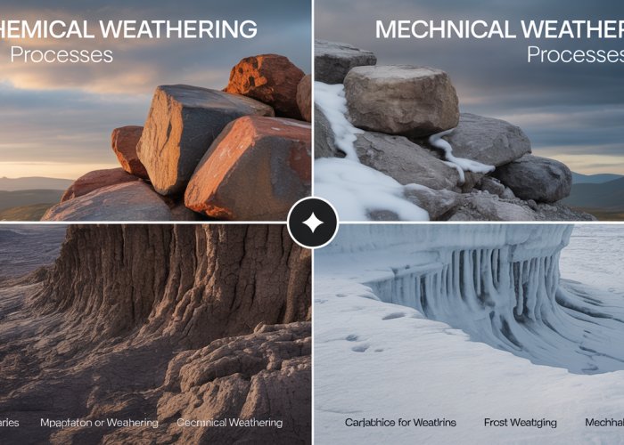 Side-by-side comparison of chemical and mechanical weathering processes affecting rocks. Chemical weathering shows rust staining, while mechanical weathering shows fractured rock.