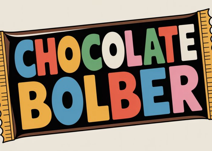 Colorful and whimsical drawing of a chocolate bar wrapper with crinkled textures and bold typography.