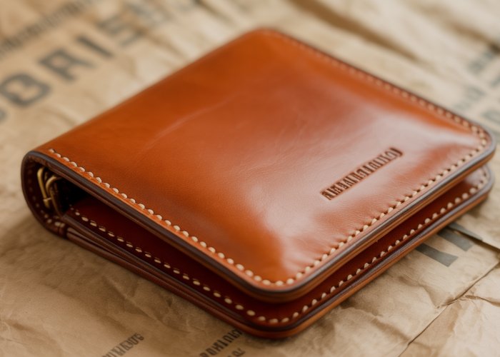 Close-up of a chrome-free leather wallet, highlighting its natural grain and sustainable materials.