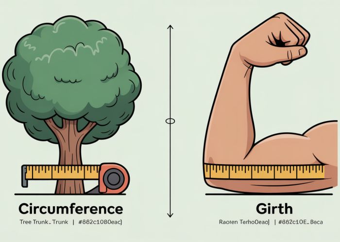 Circumference vs. Girth: Illustration showing the difference between measuring circumference (around) and girth (thickest part).