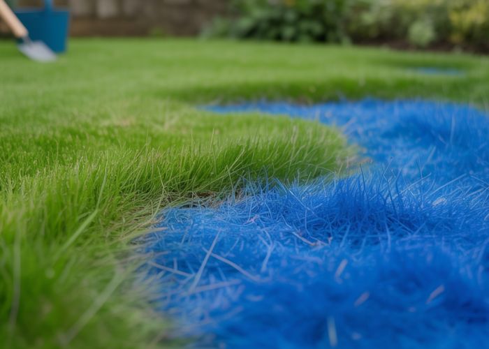 Patch of bright blue grass in a green lawn, likely caused by cobalt contamination.