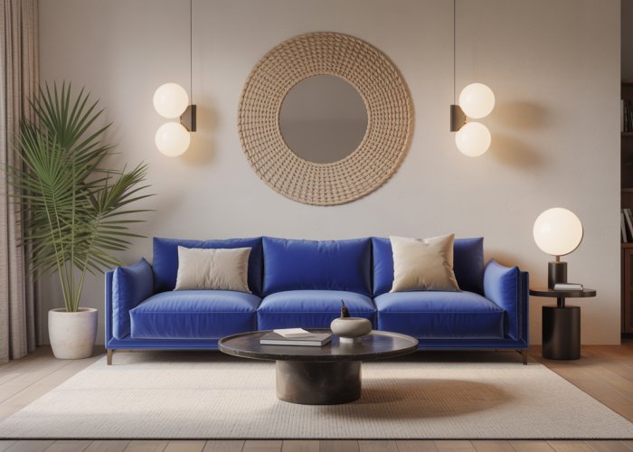 Cobalt Blue Sofa in a Modern Living Room with Neutral Accents