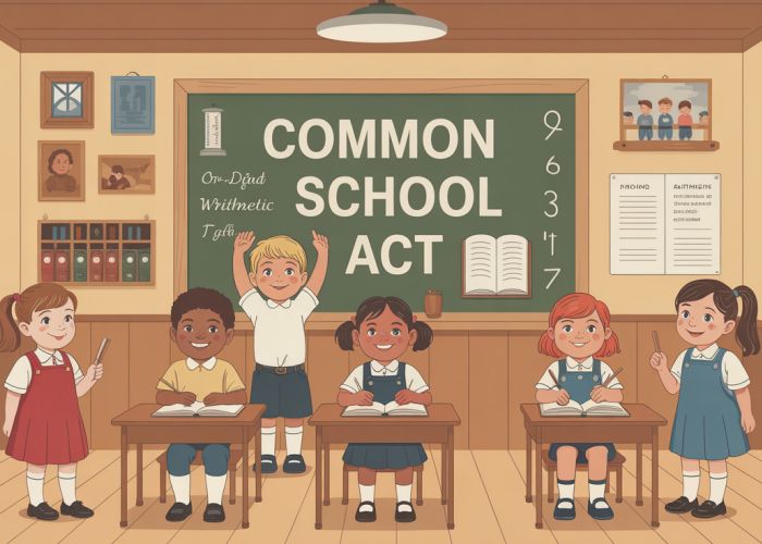 Diverse children learning together in a one-room schoolhouse, representing the ideals of the Common School Act Renad.
