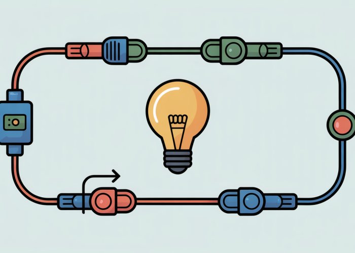 Complete electrical circuit diagram showing a closed loop for electrical current flow, including a power source, lightbulb, and wires.