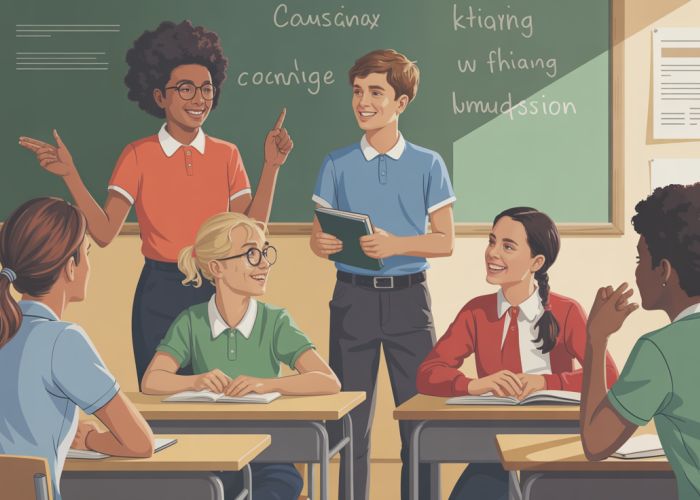 Diverse students engaging in a vibrant classroom discussion, demonstrating comprehension through active listening, thoughtful questions, and insightful contributions.