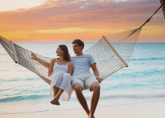 Couple relaxing in a hammock on a beach, wondering how many days 'a couple of days' really means.