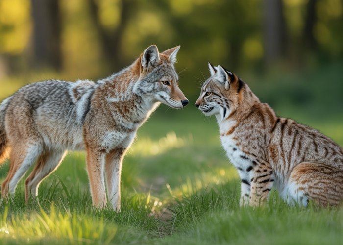 Coyote and Bobcat facing off in a natural habitat.