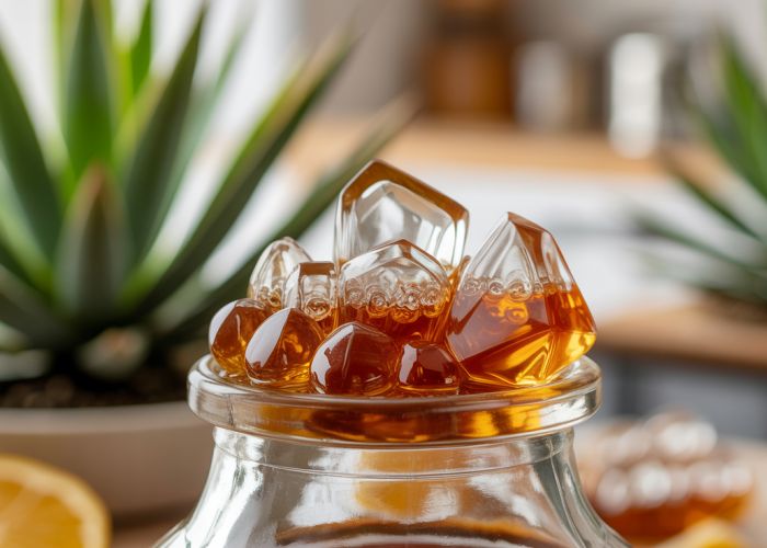 Close-up of crystallized agave syrup showing sugar crystals on the bottle.