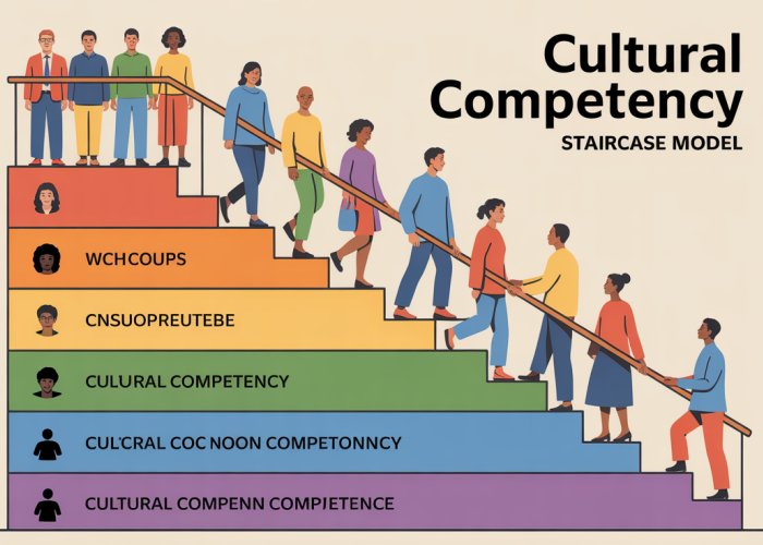 Cultural Competency Staircase Model: A visual representation of the journey to cultural competence, depicting a staircase with levels progressing from cultural destructiveness to cultural proficiency.