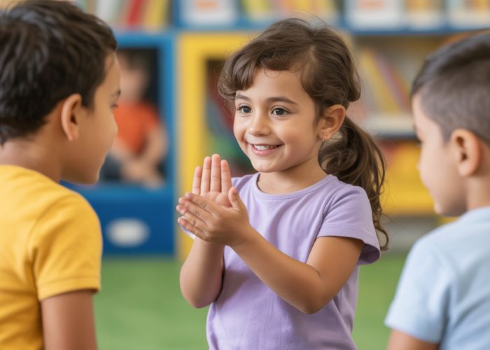 Child signing with other children in a Deaf Child Area.