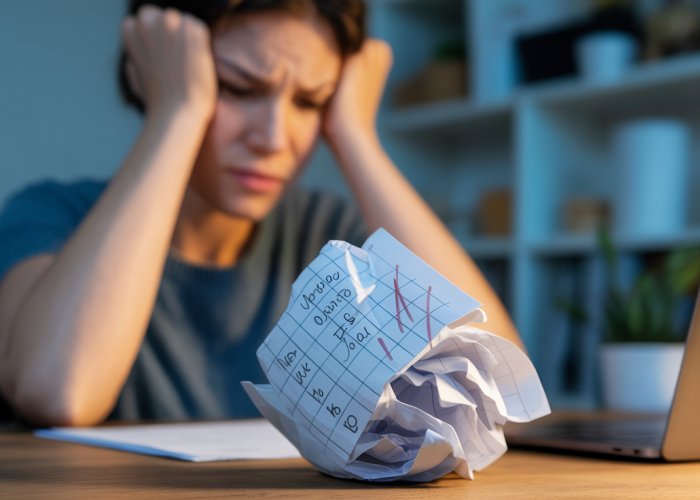 Frustrated person crumpling up a paper planner at their desk, suggesting a need to delete their plan.