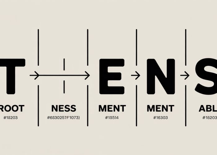 Examples of words transformed by derivational suffixes, illustrating how meaning and part of speech change.