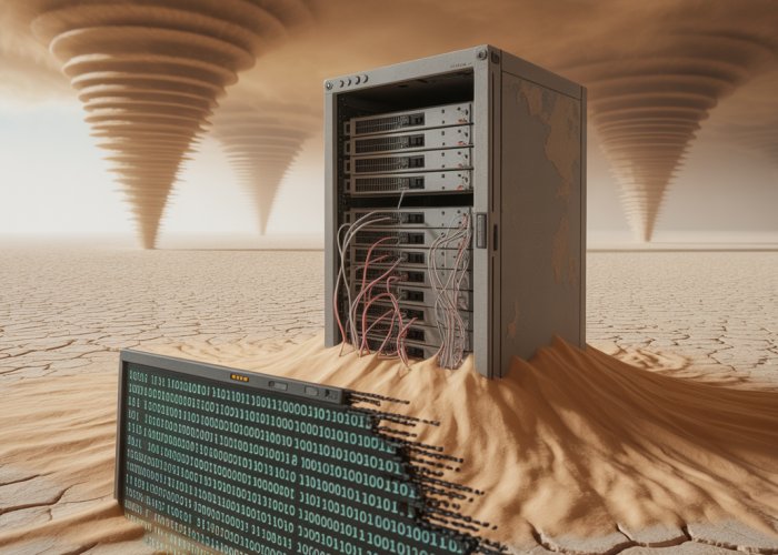 Server rack being consumed by desert, highlighting the impact of desertification on technology.
