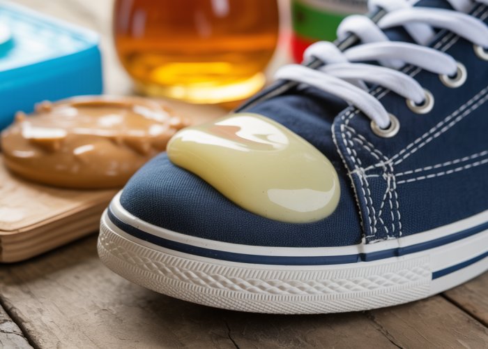 Chewing gum stuck to shoe with vinegar, peanut butter, and ice pack suggesting ways to remove gum.
