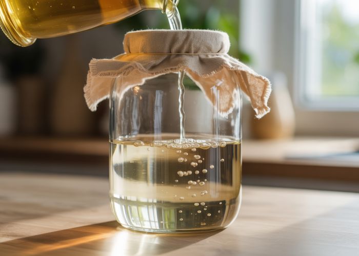 Distilled white vinegar fermenting in a glass jar with a cloth cover.