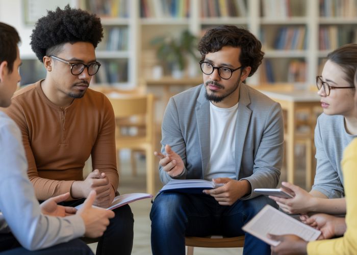 Group of diverse individuals discussing morality and ethical differences.