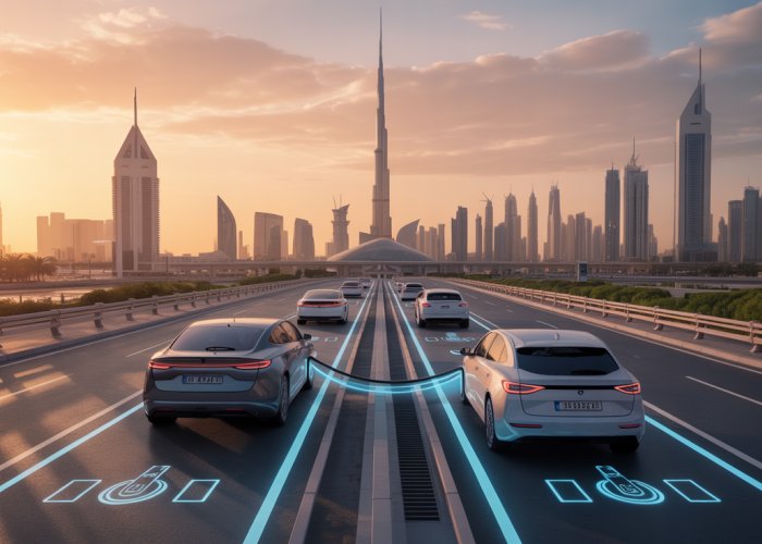 Futuristic Dubai cityscape with EVs wirelessly charging in fast charging road lanes during sunset.