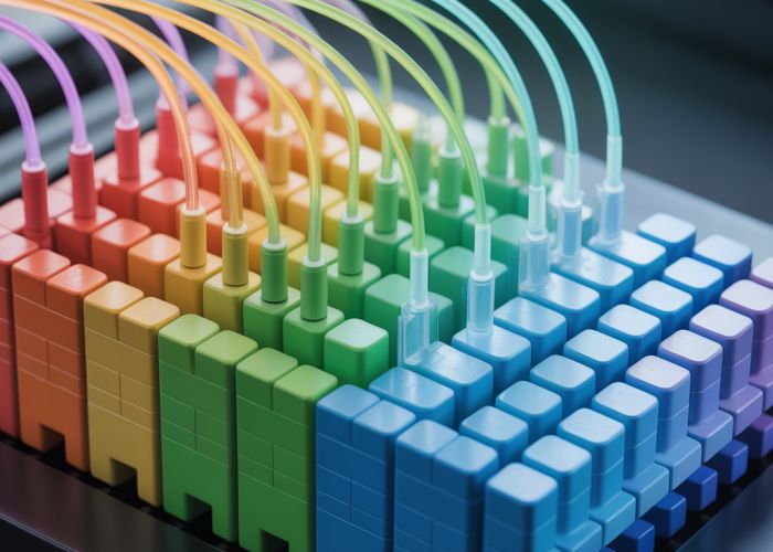 Illustration of DWDM (Dense Wavelength Division Multiplexing) technology with 5 GHz channel spacing, highlighting its high bandwidth capabilities in fiber optic communication.