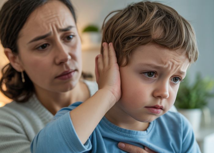 Worried parent holding child, ear and sinus infection symptoms visible.