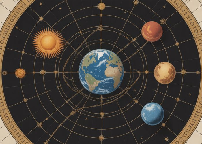 Illustration of the Ptolemaic, geocentric model of the universe with Earth at the center and celestial bodies revolving around it.