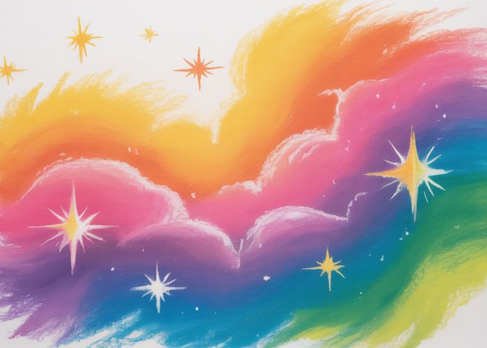Easy nebula drawing tutorial for beginners using chalk pastels, featuring a vibrant galaxy with blended colors and star splatters.