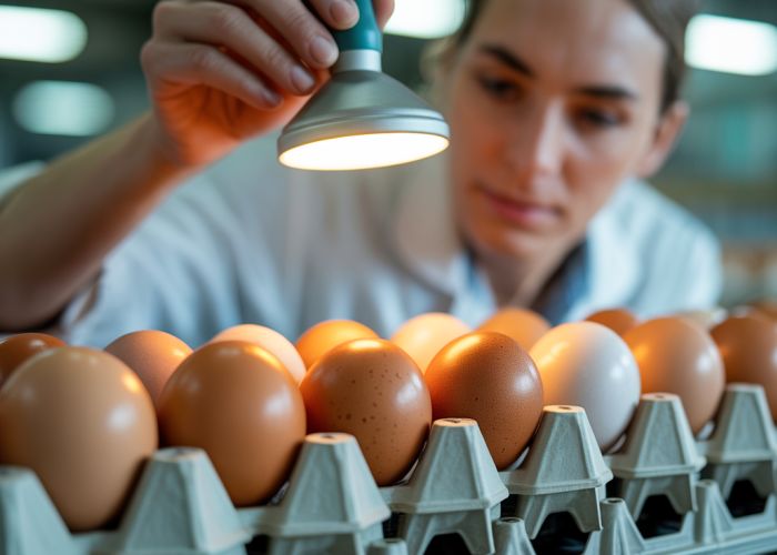Egg freshness check: Technician using candling lamp to inspect eggs in processing facility.