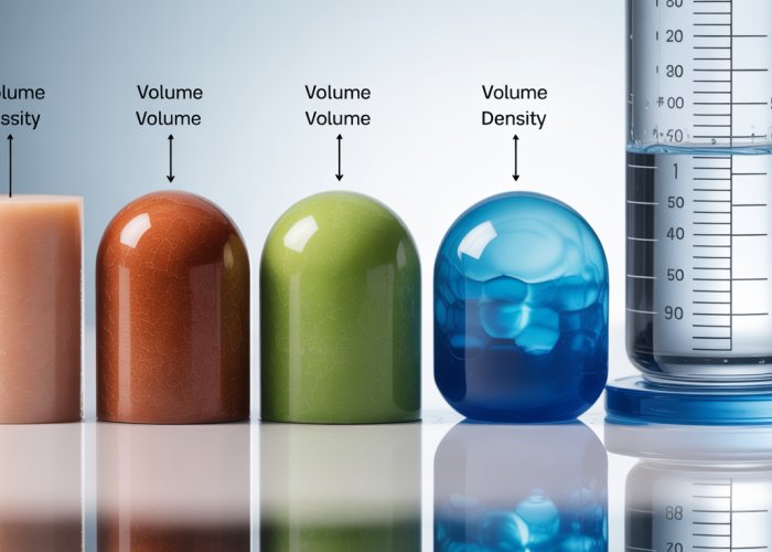 Objects with varying densities demonstrating the relationship between mass, volume, and estimated density.