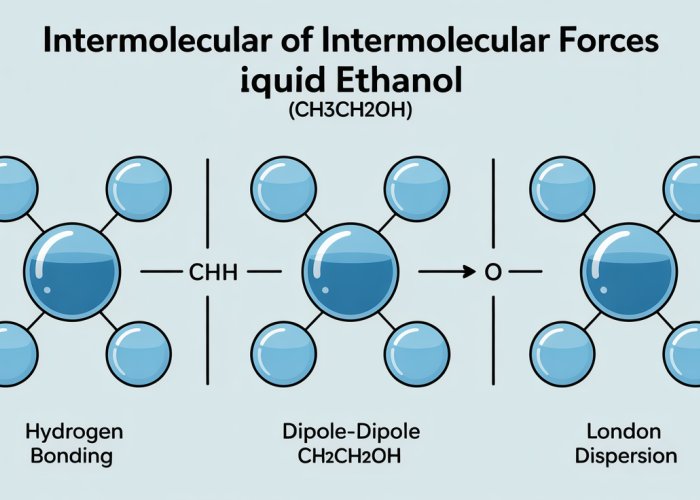 Diagram illustrating hydrogen bonding, dipole-dipole interactions, and London dispersion forces between ethanol molecules.