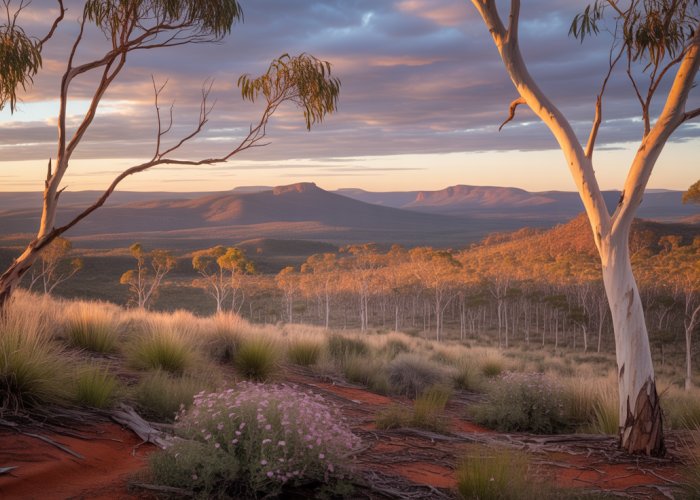 Golden sunset over a eucalyptus forest in the Australian outback, showcasing red earth and blue mountains.