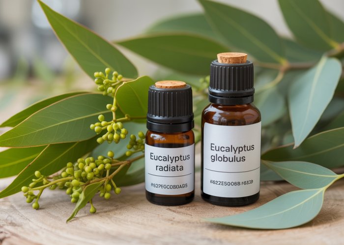 Comparison of Eucalyptus radiata and Eucalyptus globulus essential oil bottles with fresh eucalyptus leaves.